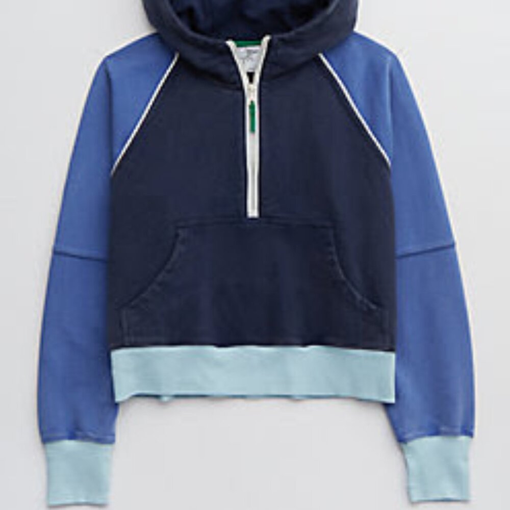 OFFLINE By Aerie Throw-Back Quarter Zip Sweatshirt - Blue Colourblock - Size Med